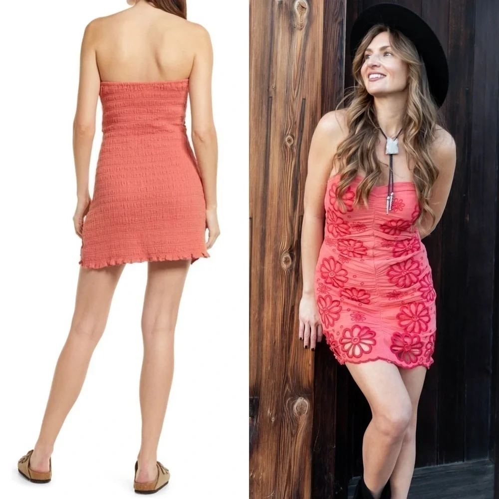 NWT FREE PEOPLE Mini Dress Y2K Strapless Ruched‎ Floral Embroidered Smocked Sz L